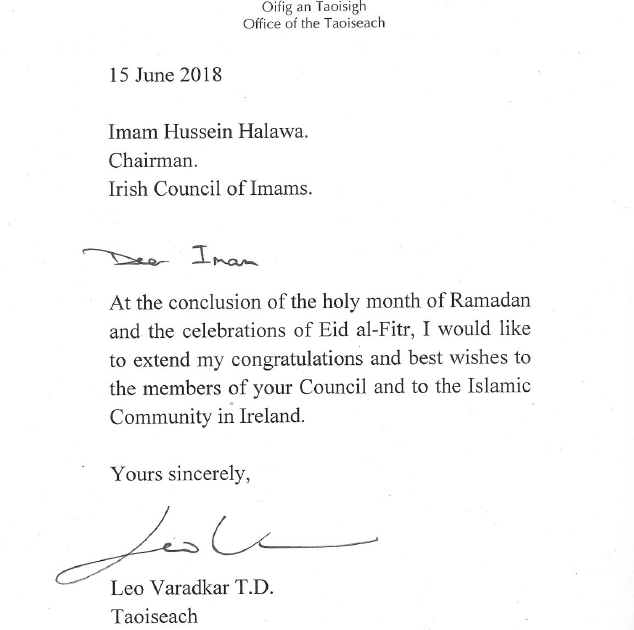 On behalf of the Irish Council of Imams, we are delighted and grateful to receive the good will message for Eid ul-Fitr from the Taoiseach for all the Muslims in Ireland.