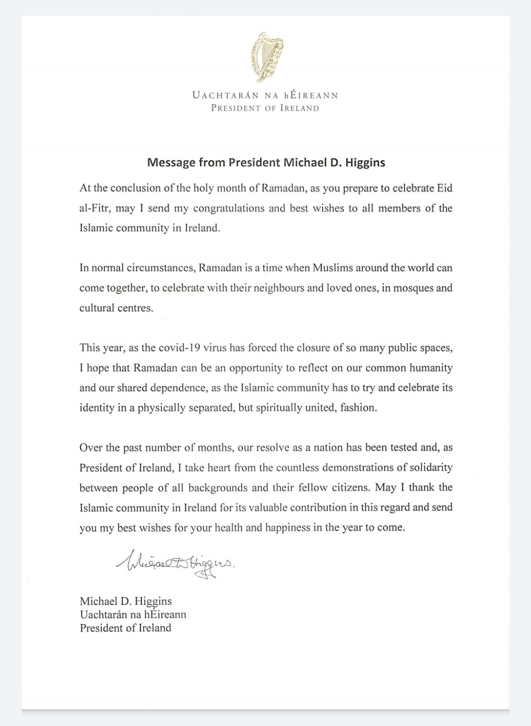 President Michael D Higgins Eid Greeting