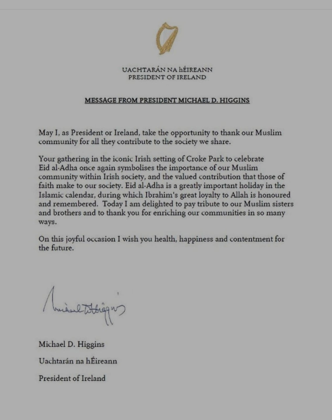 Eid Message from President Higgins